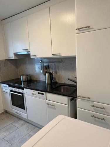 a kitchen with white cabinets and a sink at 3 Zimmer Wochnungsvermitung in Orpund -Biel in Orpund