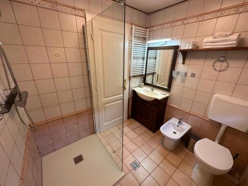 uma casa de banho com um chuveiro, um WC e um lavatório. em IRIS Le Dome Apartment em Timisoara