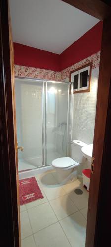 a bathroom with a shower and a toilet and a sink at Volcán de Sal in Mazo