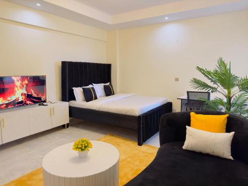 a bedroom with a bed and a tv and a couch at HOBAK STAYS in Nairobi