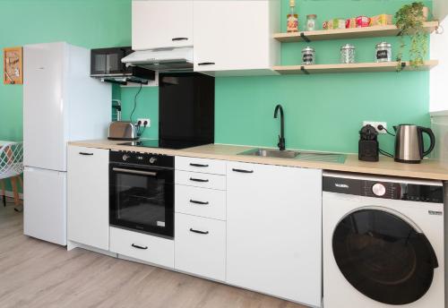 een keuken met een wasmachine en een wastafel bij Appartement - L'ESCALE DE MONTMOROT - CALME & SÉRÉNITÉ in Montmorot