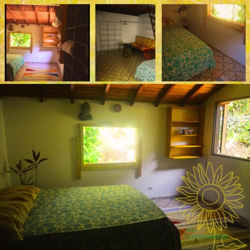 un collage de 4 fotos de un dormitorio con cama en Sitio Flor do Coriscao en Parati