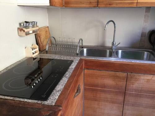 uma cozinha com um lavatório, um fogão e um balcão em Casa Ñilhue, Camino a la Farellones em Santiago