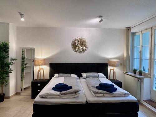 a bedroom with a large bed with blue pillows on it at Ferienapartment Eva - gemütlich und zentral auf der historischen Insel Lindau in Lindau