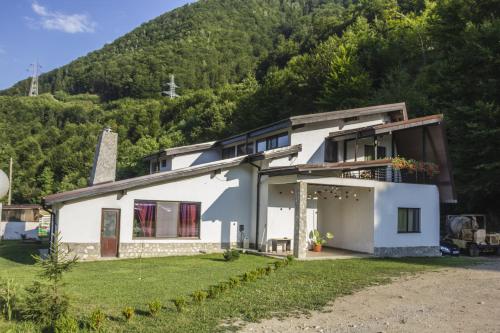 a white house with a mountain in the background at Casuta Didi in Brezoi