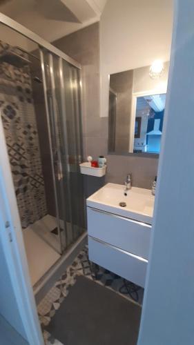 een badkamer met een douche, een wastafel en een douche bij Studio cosy de Luc in Luc-sur-Mer