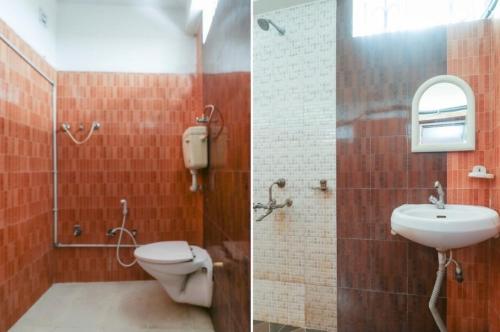 two pictures of a bathroom with a toilet and a sink at Hotel Nilay And Banquet (Vivaah Palace) in Kahalgaon