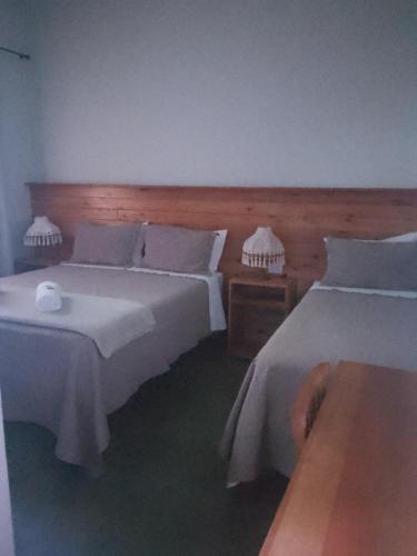 een slaapkamer met 2 bedden en een houten hoofdeinde bij Pousada Vivenda Letícia in Prados