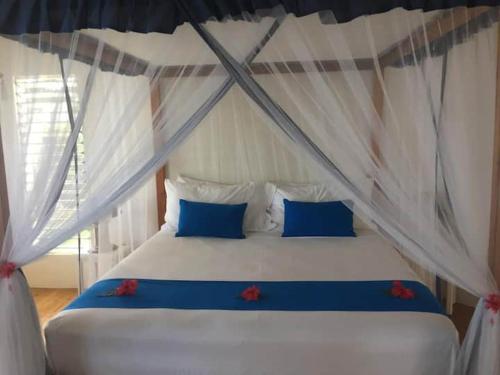 a bedroom with a bed with blue pillows at Lomani in Matei