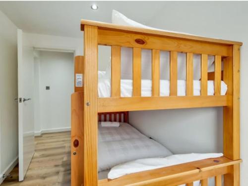 Ce lit superposé en bois se trouve dans un dortoir. dans l'établissement flat 7 mornington crescent, à Londres