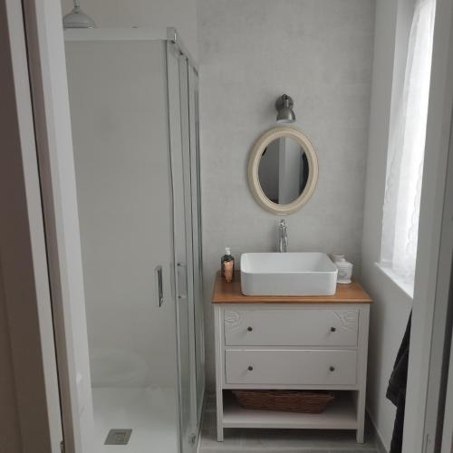 a bathroom with a sink and a mirror at Spacieux duplex en plein centre-ville de Fontainebleau in Fontainebleau