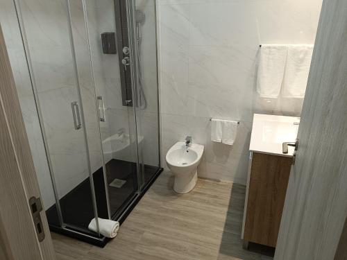 W łazience znajduje się prysznic, toaleta i umywalka. w obiekcie Garden House Fundão - Apartamento 201 com 2 quartos com vista jardim w mieście Fundão