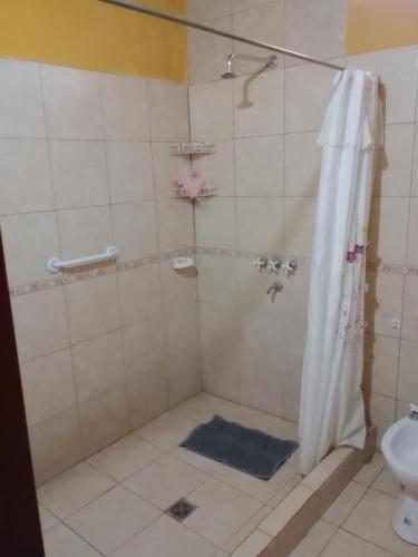 y baño con ducha y toalla azul. en POSADA CUATRO HERMANOS en Tinogasta