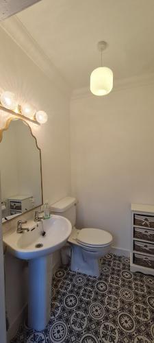 La salle de bains est pourvue d'un lavabo, de toilettes et d'un miroir. dans l'établissement Hebridean Country House, à Lochs
