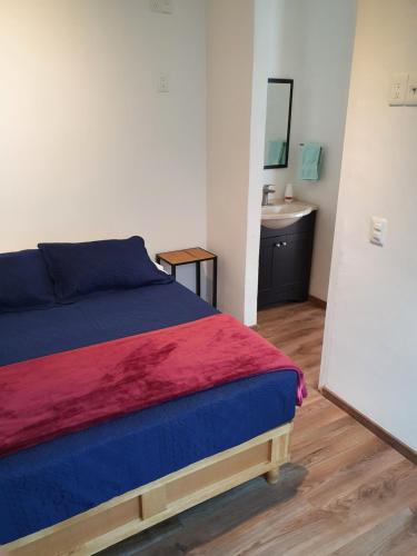 a bedroom with a bed and a bathroom with a sink at Mini loft Buenavista 208 in Mexico City