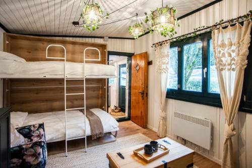 a bedroom with a bunk bed and a desk at Le Chalet Bed&Bath -Chez Les Alfreds in Soubey