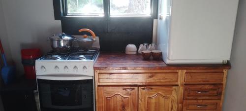 a kitchen with a stove and a sink and a refrigerator at Cabaña Ermelinda in San Carlos de Bariloche