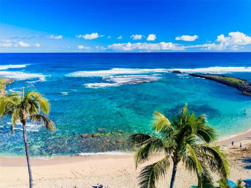 a beach with palm trees and the ocean at Hale Nalu Townhouse at Turtle Bay Golf Course in Kahuku
