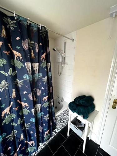 a bathroom with a shower and a shower curtain with a shower at The Hideaway Holywell 1 in Holywell