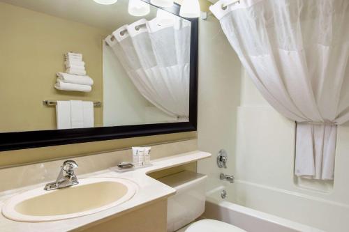 a bathroom with a sink and a toilet and a mirror at Country Inn & Suites by Radisson, Winnipeg, MB in Winnipeg