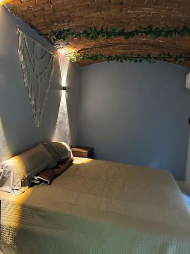 テキーラにあるCasa Landeros y Osunaのレンガ天井のベッドルーム1室(大型ベッド1台付)