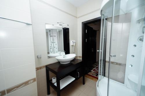 a bathroom with a sink and a shower at Hotel Royal Florence in Chişinău