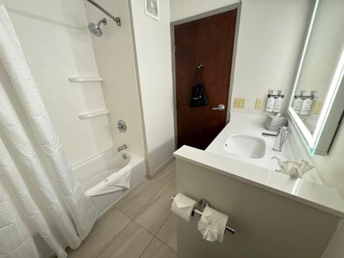 La salle de bains blanche est pourvue d'un lavabo et d'une douche. dans l'établissement Holiday Inn Express Hotel & Suites St. Paul - Woodbury, an IHG Hotel, à Woodbury