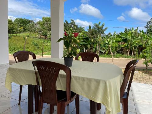a table with chairs and a plant on a porch at Casa refugio in Las Galeras