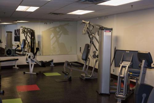 einen Fitnessraum mit mehreren Laufbändern und Kardiogeräten in der Unterkunft Radisson Hotel Winnipeg Downtown in Winnipeg