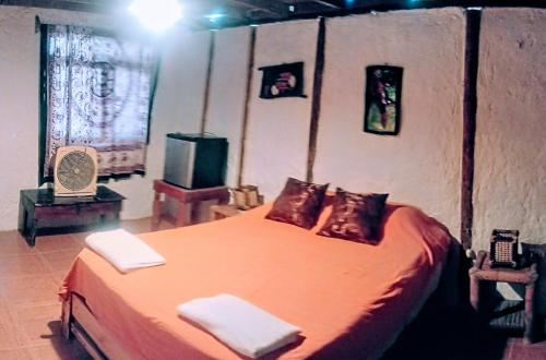 a bedroom with a large bed with pillows on it at Guacamayo Rooms & Bungalows in Máncora