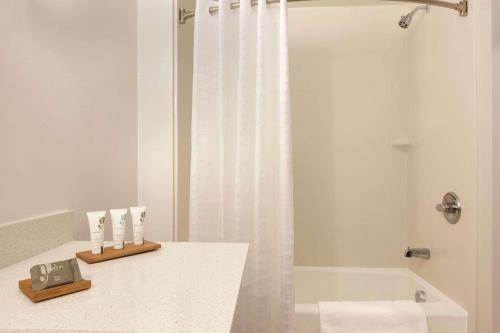 een badkamer met een douche, een wastafel en een bad bij Country Inn & Suites by Radisson, Portage, IN in Portage