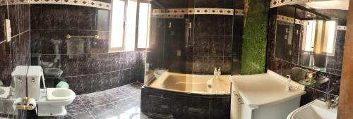 uma casa de banho com uma banheira, um WC e um lavatório. em Golden House guesthouse em Cochabamba