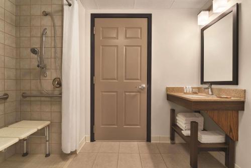 La salle de bains est pourvue d'une douche, d'un lavabo et d'un miroir. dans l'établissement Country Inn & Suites by Radisson, Grand Rapids East, MI, à Grand Rapids