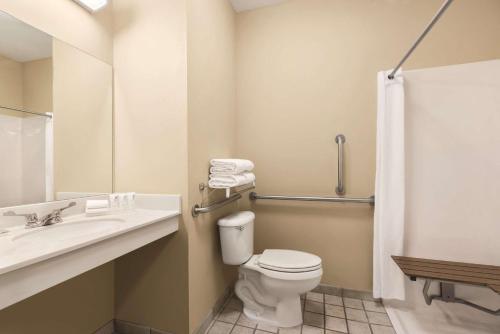 a bathroom with a white toilet and a sink at Country Inn & Suites by Radisson, Forest Lake, MN in Forest Lake