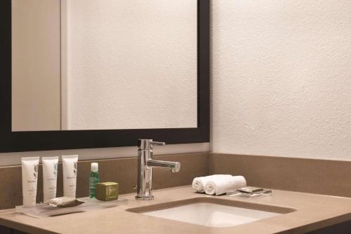 a bathroom counter with a sink and a mirror at Country Inn & Suites by Radisson, Northfield, MN in Northfield