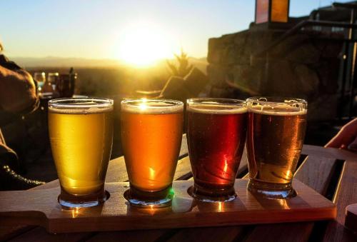 four glasses of beer on a table with the sunset at Country Inn & Suites by Radisson Asheville River Arts District in Asheville