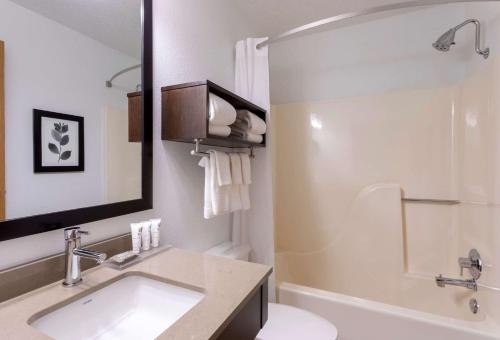 a bathroom with a sink and a toilet and a mirror at Country Inn & Suites by Radisson, Fargo, ND in Fargo