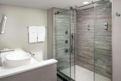 uma casa de banho com um chuveiro, um lavatório e um WC. em Radisson Blu Fargo em Fargo