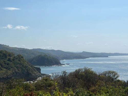 a view of the ocean from a hill with trees at Buena Onda Backpackers in San Juan del Sur
