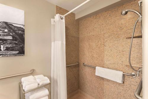 a bathroom with a shower with a shower curtain at Radisson Hotel Providence Airport in Warwick