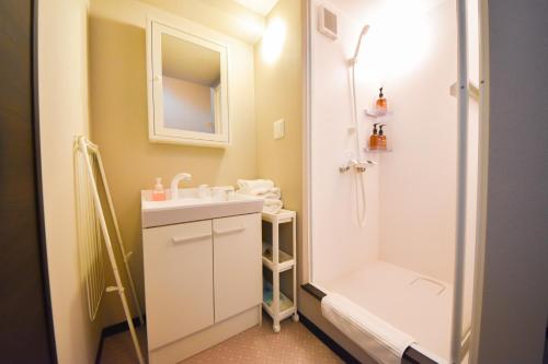 a small bathroom with a sink and a shower at LOCO Minamiichi in Nara