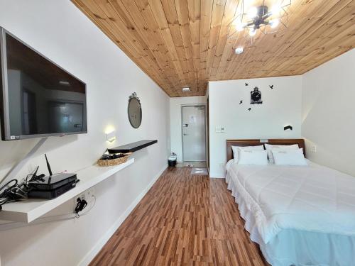 a bedroom with a bed and a flat screen tv at Starlight drops Pension in Jeju