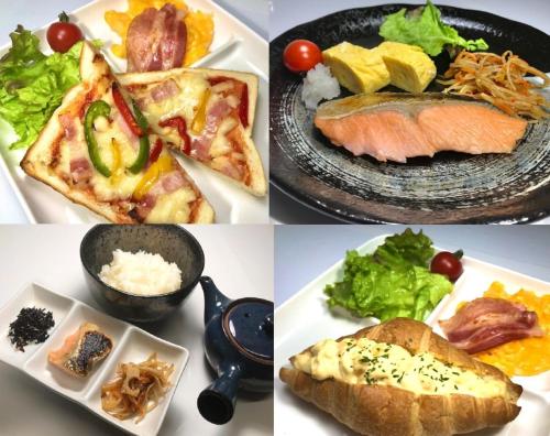 un grupo de cuatro fotos de diferentes platos de comida en ホテル　ネグレスコ, en Amagasaki