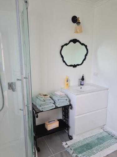 a bathroom with a sink and a mirror at Franvannah Cabin in Waihi