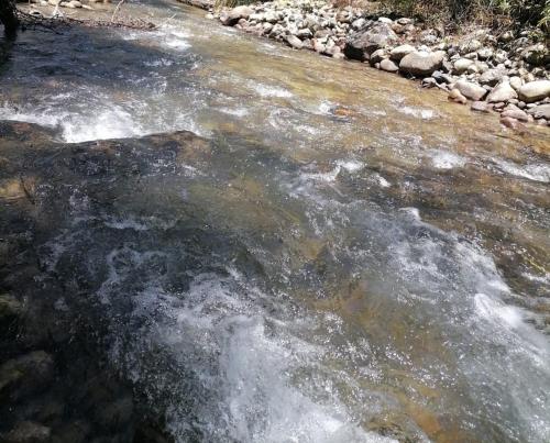 una corriente de agua con rocas en un río en Pitec Hostel Lodge, en Huaraz