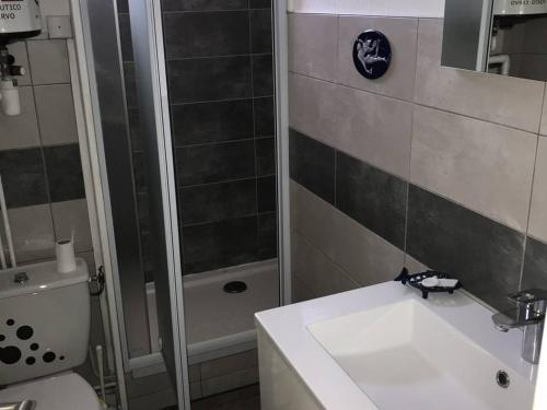 une salle de bain avec un lavabo, des toilettes et une douche dans l'établissement À 5 min de la plage, terrasse cosy, appart moderne proche du centre et port - Cap d'Agde - FR-1-723-119, au Cap d'Agde
