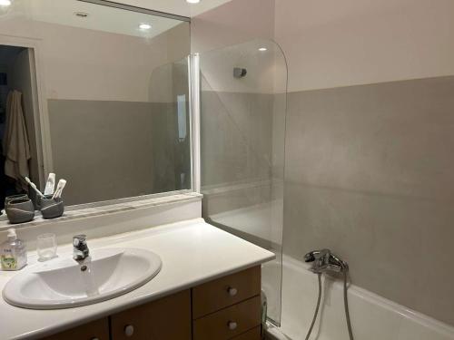 een badkamer met een wastafel en een douche bij Appartement Saint-Raphaël, 3 pièces, 6 personnes - FR-1-226A-169 in Saint-Raphaël