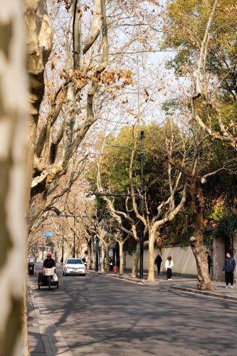 a street with trees on the side of a road at Shanghai Downtown Flower B&B - West Fuxing Road Branch in Shanghai