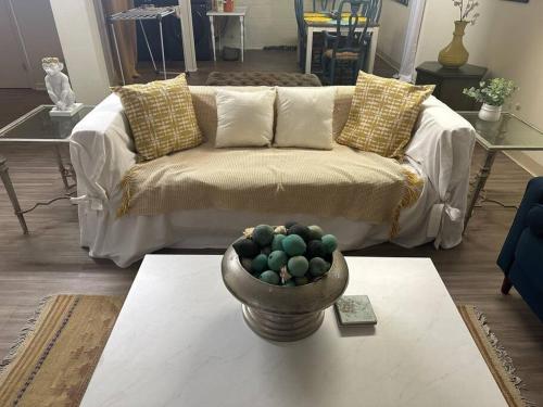 a living room with a couch and a bowl of balls at Roomy Oasis DC area pet friendly in Takoma Park