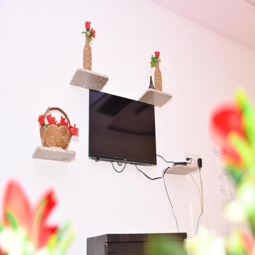 a flat screen tv hanging on a wall with cactus at Hotel Ajitgarh in Jhunjhunūn